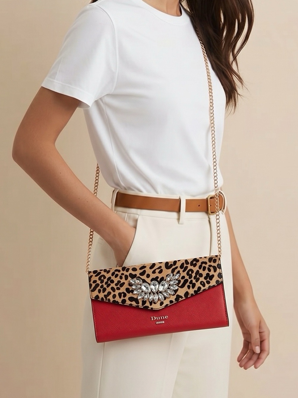 Dune London Red & Leopard Print Chain Shoulder Clutch with Jewel Detail